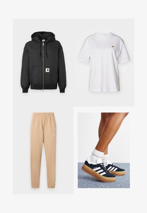 Svart hettejakke med glidelås foran, ribbede mansjetter og hem, samt en firkantet logo-patch nederst foran. Laget av lett og glatt stoff.; Hvit bomulls t-skjorte med avslappet passform, korte ermer og en liten brodert logo på venstre brystområde.; Beige joggebukser med elastisk midjebånd, tapered ben og sidelommer. Har liten hvit tekst "PEGADOR" på venstre lår.; Svarte sneakers i semsket skinn med hvite striper og detaljer, rund tå, yttersåle i gummigummi, kombinert med hvite ribbestrikkede crew-sokker.