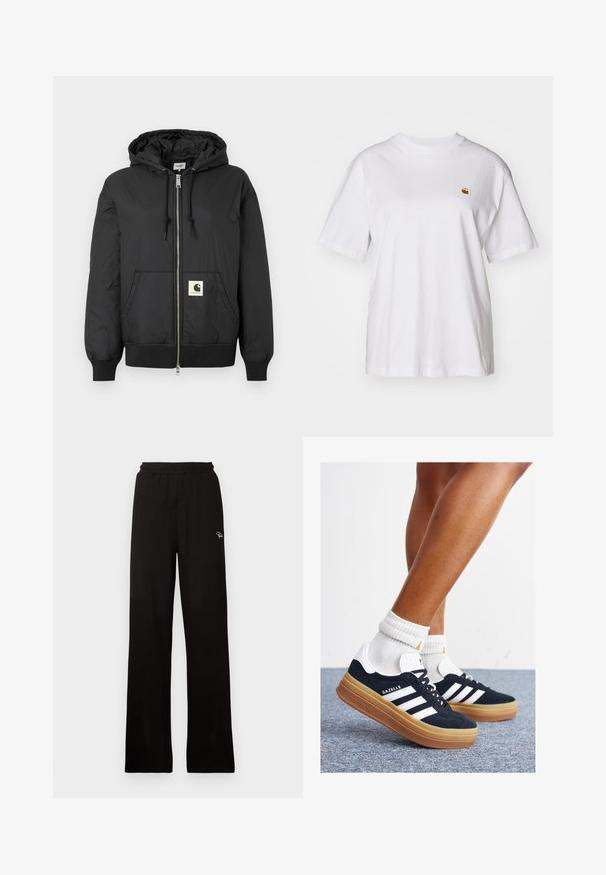 Črna kapučna jakna z zadrgo spredaj, rebrastimi manšetami in robom ter kvadratno logotipno nalepko na spodnjem sprednjem delu. Izdelana iz lahkega, gladkega materiala.; Bela bombažna majica s sproščenim krojem, kratkimi rokavi in majhnim vezenim logotipom na levi strani prsnega predela.; Črne rebraste široke hlače z elastičnim pasom in majhnim dekorativnim logotipom, ki imajo gladko teksturo in polno dolžino.; Črni antilop superge z belimi črtami in poudarki, okrogel prst, gumijasti podplat, kombinirane z belimi rebrastimi nogavicami.