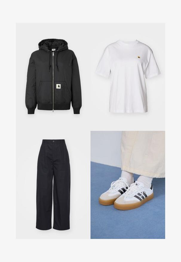 Chaqueta negra con capucha y cremallera en el frente, puños y dobladillo acanalados, y un parche cuadrado con el logotipo en la parte inferior delantera. Hecha de una tela ligera y suave.; Camisa de algodón blanca con corte relajado, mangas cortas y un pequeño logotipo bordado en el área del pecho izquierdo.; Pantalones de pierna ancha negros hechos de algodón. Cuentan con una cintura alta con cierre de botón y una textura suave. Sin patrones ni acentos visibles.; Zapatillas blancas con rayas negras y acentos de ante beige. Cuentan con una suela de goma texturizada y cordones blancos planos, usadas con calcetines de color claro.