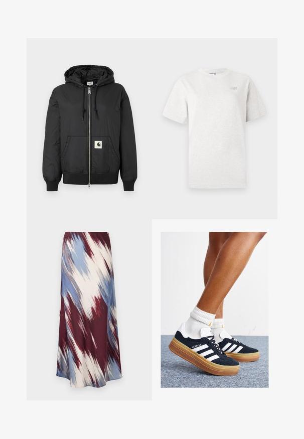 Schwarze Kapuzenjacke mit Reißverschluss, gerippten Bündchen und Saum sowie einem quadratischen Logo-Patch auf der unteren Vorderseite. Hergestellt aus leichtem, glattem Material.; Graues Kurzarm-T-Shirt aus weichem Baumwollmaterial, mit einem runden Ausschnitt und einem kleinen Logo auf der linken Brust.; Maxirock aus weichem Stoff mit einem diagonalen Muster in Burgunderrot, Blau, Grau und Creme. Fließendes Design mit einem Saum, der bis zu den Knöcheln reicht.; Schwarze Wildledersneaker mit weißen Streifen und Akzenten, rundlicher Zehenbereich, Sohlen aus braunem Gummi, kombiniert mit weißen, gerippten Sneakersocken.
