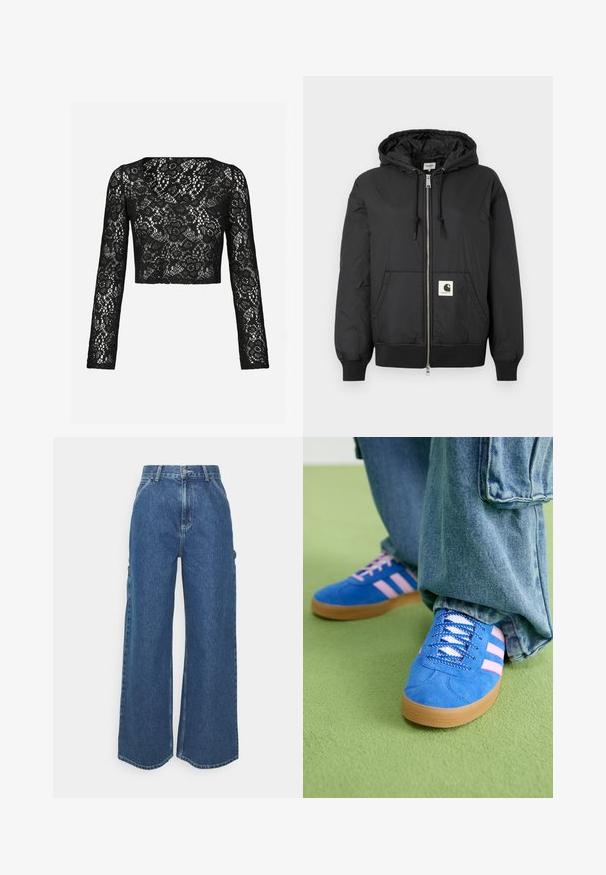 Jachetă neagră cu glugă, cu fermoar frontal, manșete și tiv ribbate și un patch pătrat cu logo în partea inferioară din față. Fabricată dintr-un material ușor și neted.; Top scurt din dantelă neagră cu mâneci lungi, având un model floral complex și un decolteu rotund. Textură moale cu un aspect transparent.; Pantaloni din denim albastru cu talie înaltă și picioare largi, cu o cusătură contrastantă și buzunare laterale, având un design clasic cu cinci buzunare și margini brut.; Pantofi din piele întoarsă albaștri cu dungi roz și șireturi albe, având o talpă din cauciuc gumat, asortați cu pantaloni din denim largi pe o suprafață verde.