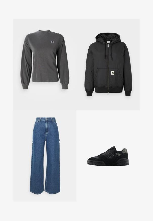 Black hooded jacket with a zip front, ribbed cuffs and hem, and a square logo patch on the lower front. Made from lightweight, smooth fabric.; Long-sleeve gray t-shirt made of cotton, featuring a round neckline and elasticized cuffs, with a small square logo on the chest.; Wide-leg blue denim trousers with a high waist, contrasting stitching, and side pockets, featuring a classic five-pocket design and raw hems.; Black low-top sneaker with textured sole, lace-up design, suede panels, and patterned accents on heel and side logo.