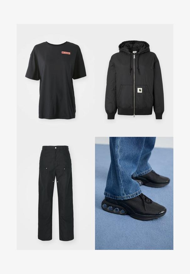 Black hooded jacket with a zip front, ribbed cuffs and hem, and a square logo patch on the lower front. Made from lightweight, smooth fabric.; Black cotton T-shirt with short sleeves, relaxed fit, and a red rectangular logo on the left chest. Smooth texture and simple design.; Black trousers with a straight-leg design, made of a textured fabric. Features decorative silver hardware and unique seam detailing.; Black athletic sneakers with mesh upper, textured accents, and visible air cushioning pods in the sole. Worn with blue denim jeans.