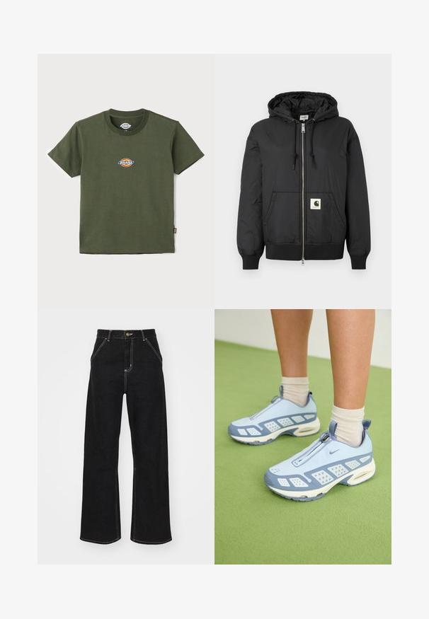 Juoda gobtuvo striukė su užtrauktuku priekyje, raukšlėtais rankogaliais ir apatine dalimi, bei kvadratiniu logotipo ženklu apatiniame priekyje. Pagaminta iš lengvos, lygaus audinio.; Alyvuogių žalios medvilnės marškinėliai su apvaliu iškirpimu ir trumpomis rankovėmis. Pasižymi daugiaspalviu logotipu ant krūtinės. Lygus paviršius.; Juodi platūs džinsai, pagaminti iš džinsinio audinio, su kontrastingomis baltomis siūlėmis ir priekiniais mygtukais, turintys du kampinius priekinio kišenes.; Šviesiai mėlynos sportinės batuokai su baltais akcentais, tekstūruotais paneliais ir užtrauktuku. Yra matoma oro amortizavimo padas ir guminis padas.