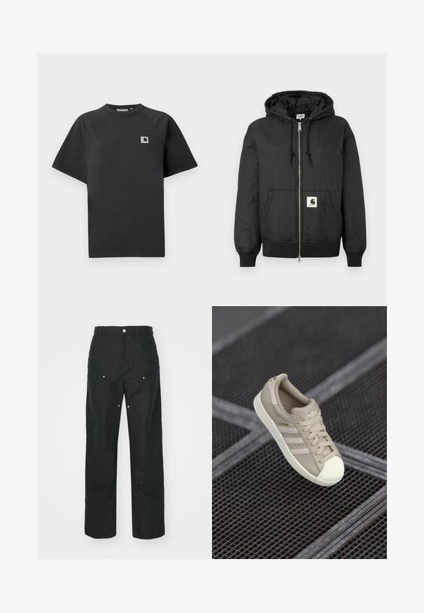 Black hooded jacket with a zip front, ribbed cuffs and hem, and a square logo patch on the lower front. Made from lightweight, smooth fabric.; Black cotton t-shirt featuring a crew neckline, short sleeves, and a rectangular logo patch on the left side of the chest.; Black trousers with a straight-leg design, made of a textured fabric. Features decorative silver hardware and unique seam detailing.; Beige Adidas Superstar sneaker with textured leather upper, three lateral stripes, round toe cap, and logo on tongue and heel.