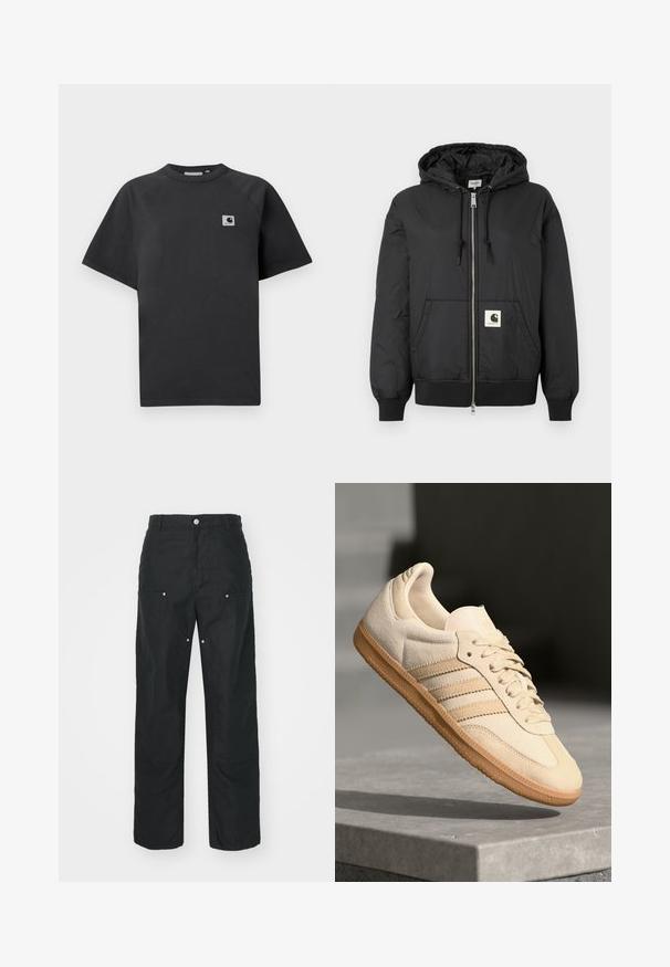 Sort hættejakke med lynlås foran, ribbede manchetter og kant, samt et firkantet logo-patch på den nedre front. Fremstillet af letvægts, glat stof.; Sort bomuld t-shirt med rund halsudskæring, korte ærmer og en rektangulær logo-patch på venstre side af brystet.; Sorte bukser med lige ben-design, lavet af et tekstureret stof. Har dekorativt sølvhardware og unikke sømdetaljer.; Lys beige ruskinds sneakers med gummisål, tre diagonale striber og en tekstureret tætsko. Har logo på tungen og siden.