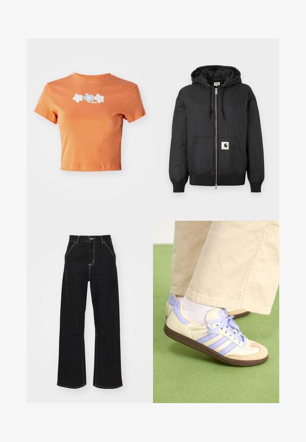 Black hooded jacket with a zip front, ribbed cuffs and hem, and a square logo patch on the lower front. Made from lightweight, smooth fabric.; Cropped orange t-shirt made of cotton with short sleeves, featuring white and light blue embroidered flowers across the front.; Black wide-leg jeans made of denim, featuring contrasting white stitching and a front button closure, with two angled front pockets.; Cream and lavender sneakers with three stripes and a textured brown sole, featuring laces and a padded heel. Soft fabric upper.