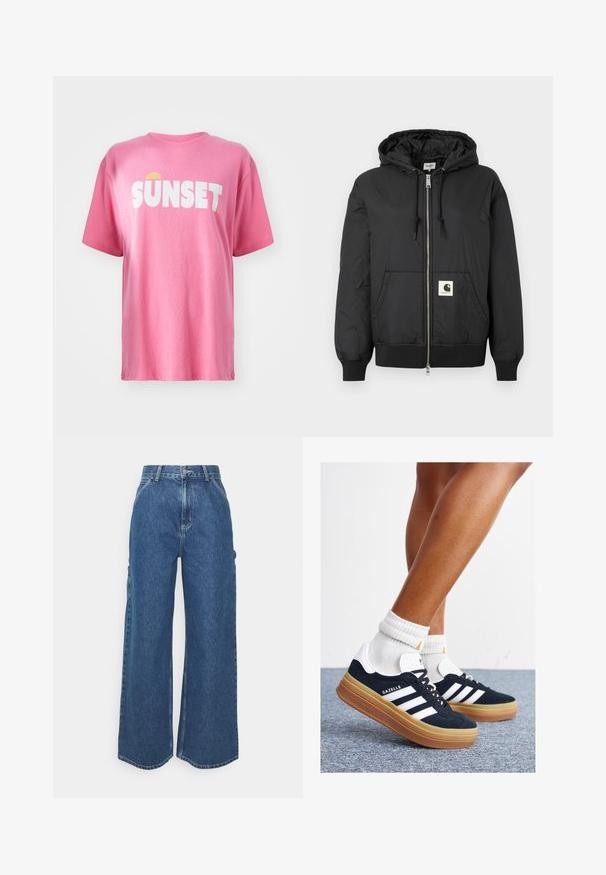 Black hooded jacket with a zip front, ribbed cuffs and hem, and a square logo patch on the lower front. Made from lightweight, smooth fabric.; Short pink t-shirt made from cotton, featuring bold white text "SUNSET" and a yellow sun graphic. Crew neck and short sleeves.; Wide-leg blue denim trousers with a high waist, contrasting stitching, and side pockets, featuring a classic five-pocket design and raw hems.; Black suede sneakers with white stripes and accents, rounded toe, gum rubber outsole, paired with white ribbed crew socks.