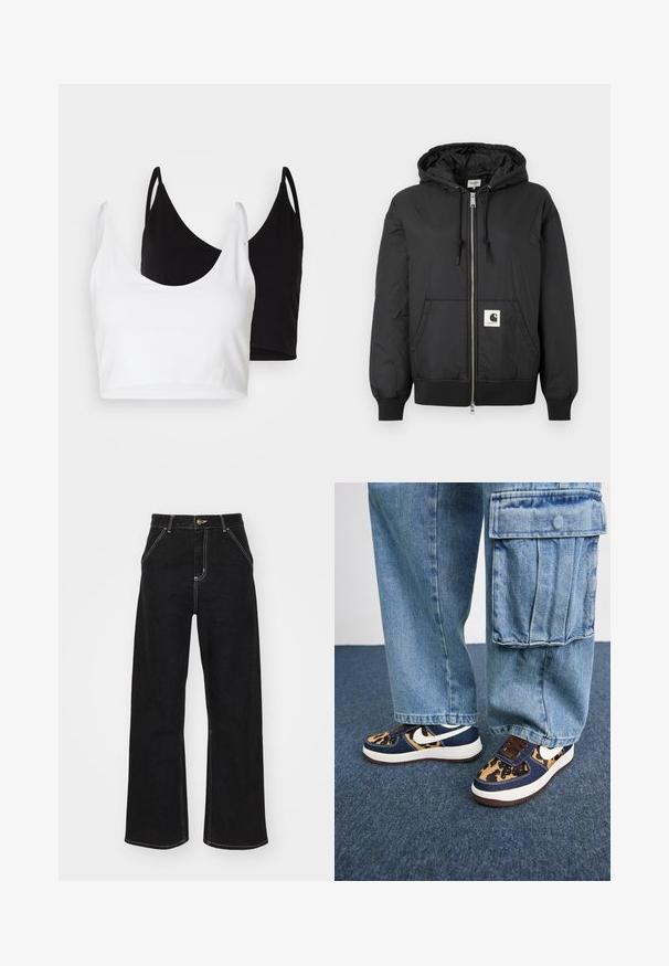 Melns kapuci jaka ar rāvējslēdzēju priekšpuses, ribotām piedurknēm un apakšējo daļu, kā arī kvadrātveida logo uzlīmi apakšējā priekšpusē. Izgatavota no viegla, gluda auduma.; Divi kokvilnas topi baltā un melnā krāsā. Katram ir dziļa kakla izgriezuma forma un plānas plecu siksnas, ar gludu, mīkstu tekstūru.; Melnas platajās biksēs, kas izgatavotas no denima, ar kontrastējošas baltas šuves un priekšējo pogu aizdari, kā arī divām slīpajām priekšējām kabatām.; Tumši zili sporta apavi ar leoparda raksta akcentiem, baltu Nike swoosh, brūnām šņorēm un baltu starpsoļu daļu. Saskaņoti ar gaišiem denim cargo biksēm.