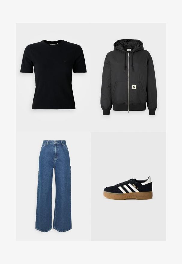 Schwarze Kapuzenjacke mit Reißverschluss, gerippten Bündchen und Saum sowie einem quadratischen Logo-Patch auf der unteren Vorderseite. Hergestellt aus leichtem, glattem Material.; Schwarzes, geripptes Kurzarm-T-Shirt mit Rundhalsausschnitt; verfügt über ein dezentes Logo auf der Brust; aus einem weichen, strukturierten Stoff gefertigt.; Weite blaue Denim-Hosen mit hoher Taille, kontrastierenden Nähten und Seitentaschen, ausgestattet mit einem klassischen Five-Pocket-Design und rohen Säumen.; Schwarzer Wildledersneaker mit weißen drei Streifen und goldfarbenem Logo. Gummisohle mit strukturiertem Grip. Klassisches Low-Top-Design, abgerundete Zehenkappe.