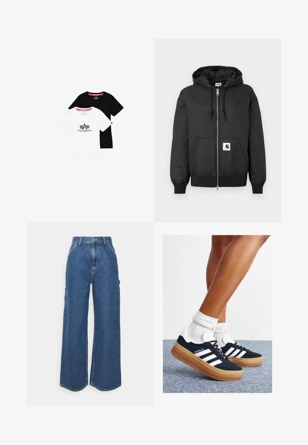 Crna jakna s kapuljačom, sa patentnim zatvaračem sprijeda, rebrastim manžetama i donjim rubom, te kvadratnom oznakom na donjem prednjem dijelu. Izrađena od laganog, glatkog materijala.; Dva osnovna majice s okruglim izrezom, jedna bijela s crnim logotipom i jedna potpuno crna, izrađene od pamuka s kratkim rukavima i ravnim rubovima.; Široke plave traperice s visokim strukom, kontrastnim šavovima i bočnim džepovima, s klasičnim dizajnom s pet džepova i sirovim rubovima.; Crne tenisice od brušene kože s bijelim prugama i detaljima, okruglim vrhom, gumeni potplat boje gume, uparene s bijelim rebrastim čarapama.