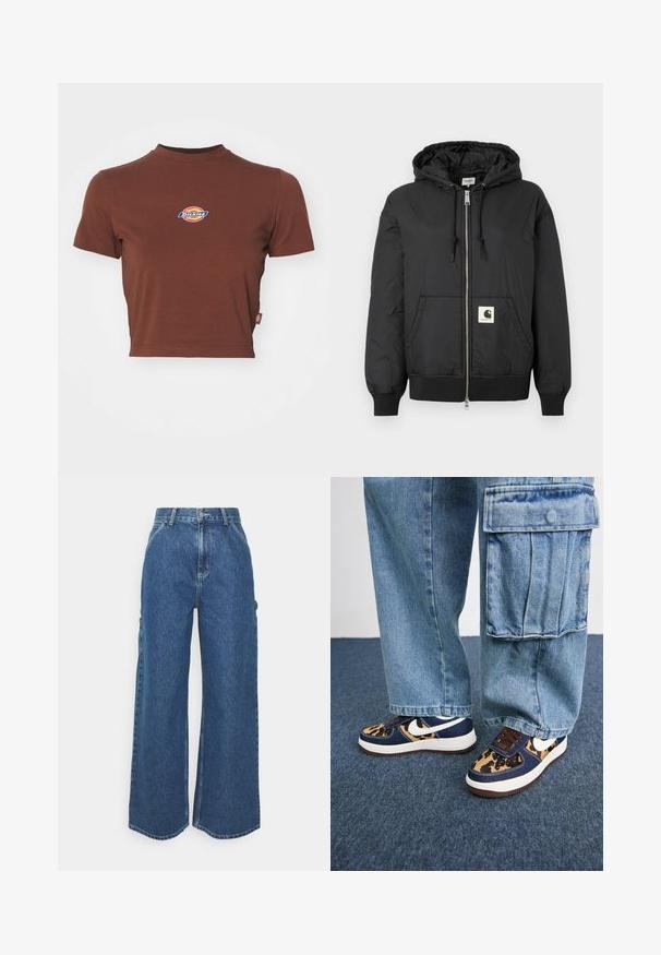 Black hooded jacket with a zip front, ribbed cuffs and hem, and a square logo patch on the lower front. Made from lightweight, smooth fabric.; Brown cropped t-shirt with a ribbed high neckline and short sleeves. Features a circular "Dickies" logo in blue and yellow at the chest.; Wide-leg blue denim trousers with a high waist, contrasting stitching, and side pockets, featuring a classic five-pocket design and raw hems.; Navy blue sneakers with leopard print accents, white Nike swoosh, brown laces, and white midsole. Paired with light denim cargo pants.