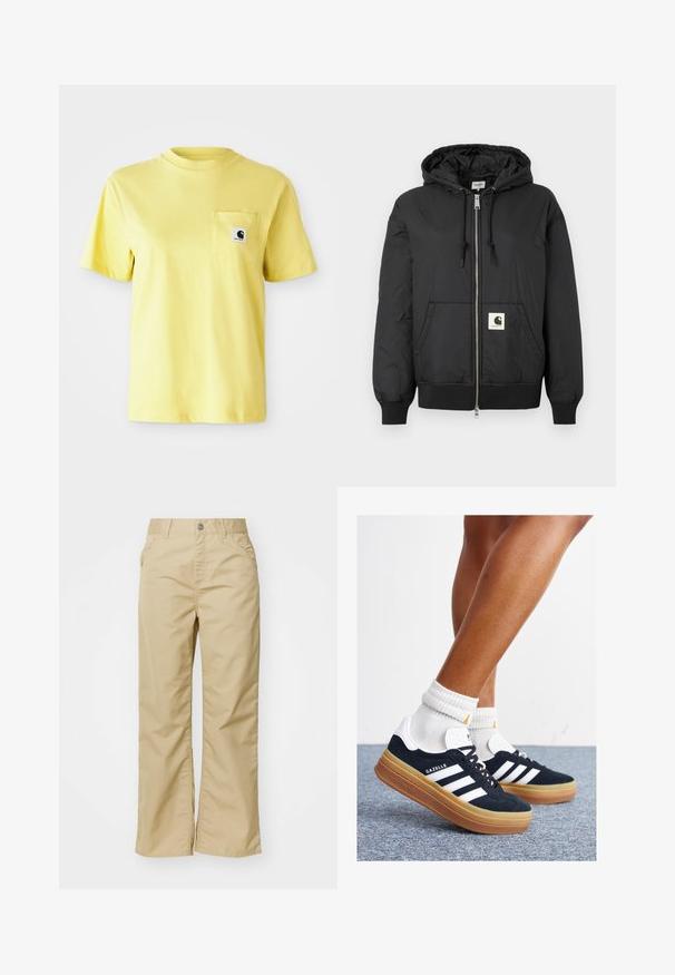 Fekete, kapucnis dzseki, elöl cipzárral, bordázott mandzsettákkal és hempergő aljjal, az alsó elején egy négyzet alakú logóval. Könnyű, sima anyagból készült.; Sárga pamut póló rövid ujjakkal, kerek nyakkivágással és elülső zsebbel, fekete logóval. SIMA TEXTÚRA, KAZUÁLIS TERV.; Sötét bézs pamut, bő szárú nadrág sima textúrával, elülső zsebekkel és ezüst gombbal a derék résznél.; Fekete velúr sportcipő fehér csíkokkal és díszítésekkel, lekerekített orral, gumitalpú külső résszel, fehér bordázott bokazoknival párosítva.