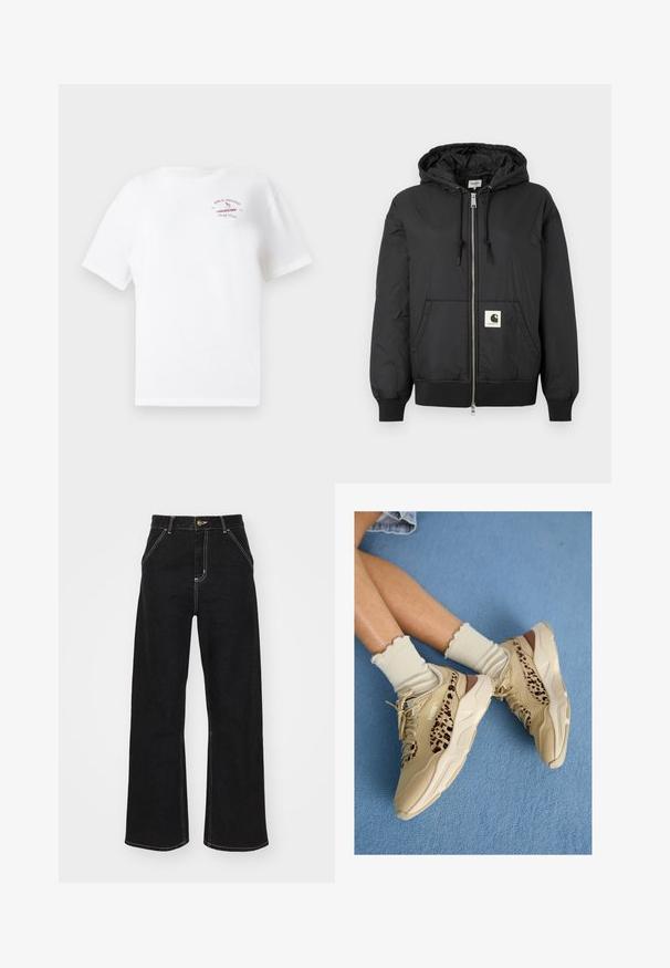 Svart huva jacka med zip-förfront, ribbade ärmar och nederkant, samt en fyrkantig logotyp på den nedre framsidan. Tillverkad av lätt, slät tyg.; Vit kortärmad t-shirt med en liten röd "Billabong Surf Club 1973" logga och en surfergrafik på övre vänstra bröstet.; Svarta vida jeans i denim, med kontrasterande vit sömnad och framknäppning, samt två snedställda framfickor.; Ben korslagna, iförda beige Puma-sneakers med leopardmönstrade ränder och krusiga krämfärgade strumpor på en blå matta.