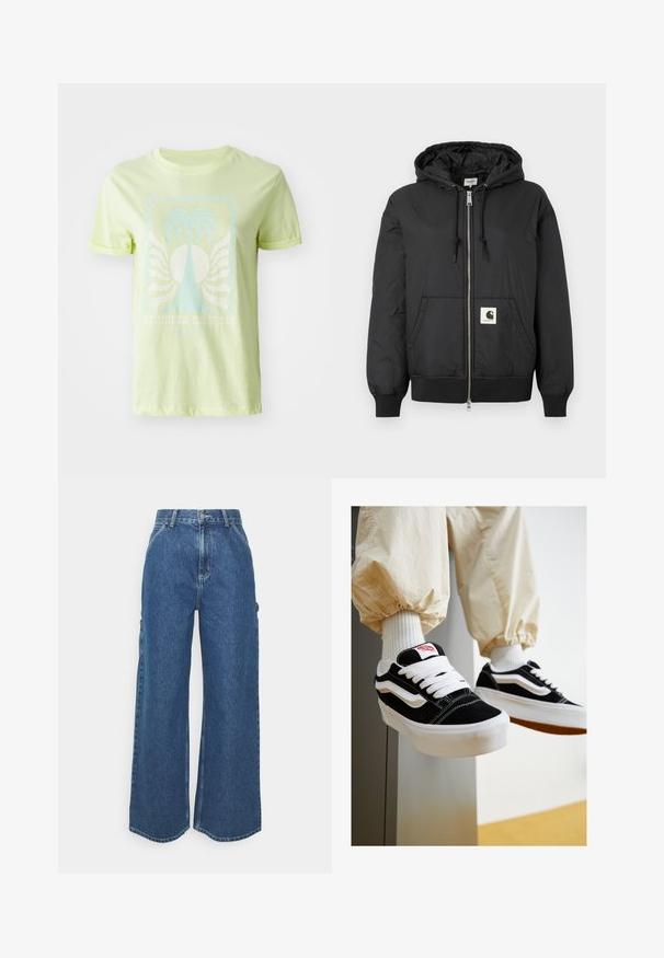 Schwarze Kapuzenjacke mit Reißverschluss, gerippten Bündchen und Saum sowie einem quadratischen Logo-Patch auf der unteren Vorderseite. Hergestellt aus leichtem, glattem Material.; Hellgrünes T-Shirt aus Baumwolle mit einem blauen Palmen-Graphic und dem Text "SOMMERTRÄUME", mit aufgerollten kurzen Ärmeln.; Weite blaue Denim-Hosen mit hoher Taille, kontrastierenden Nähten und Seitentaschen, ausgestattet mit einem klassischen Five-Pocket-Design und rohen Säumen.; Schwarz-weiße Wildledersneaker mit flachen weißen Schnürsenkeln, strukturierten Gummisohlen und seitlichem Streifenmuster. Getragen mit cremefarbenen, schmal zulaufenden Hosen.