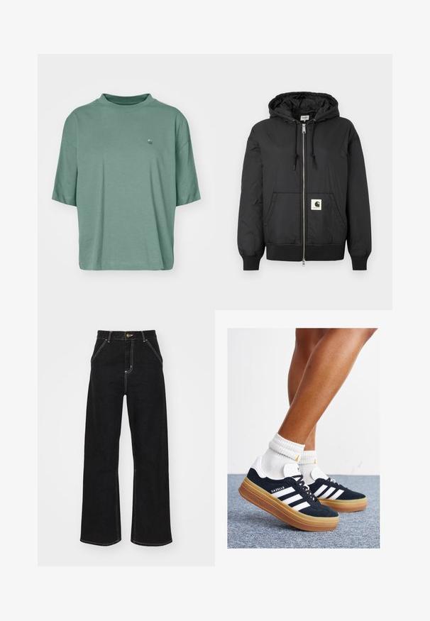 Black hooded jacket with a zip front, ribbed cuffs and hem, and a square logo patch on the lower front. Made from lightweight, smooth fabric.; Short-sleeve, loose-fit T-shirt in muted green cotton. Features a subtle wave logo on the chest and a ribbed crew neckline.; Black wide-leg jeans made of denim, featuring contrasting white stitching and a front button closure, with two angled front pockets.; Black suede sneakers with white stripes and accents, rounded toe, gum rubber outsole, paired with white ribbed crew socks.