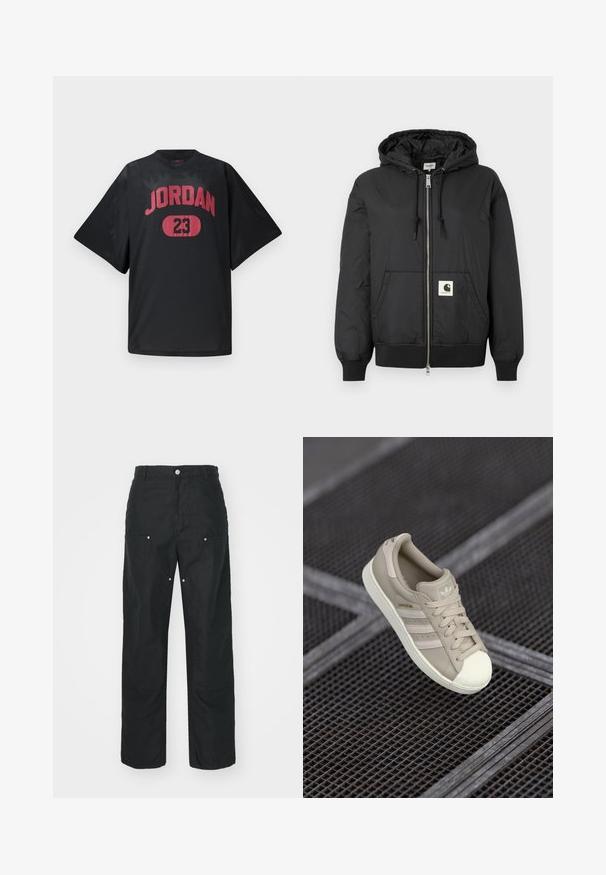 Black hooded jacket with a zip front, ribbed cuffs and hem, and a square logo patch on the lower front. Made from lightweight, smooth fabric.; Black mesh jersey featuring the text "JORDAN" in bold red and the number "23" in a red oval. Loose fit with short sleeves.; Black trousers with a straight-leg design, made of a textured fabric. Features decorative silver hardware and unique seam detailing.; Beige Adidas Superstar sneaker with textured leather upper, three lateral stripes, round toe cap, and logo on tongue and heel.