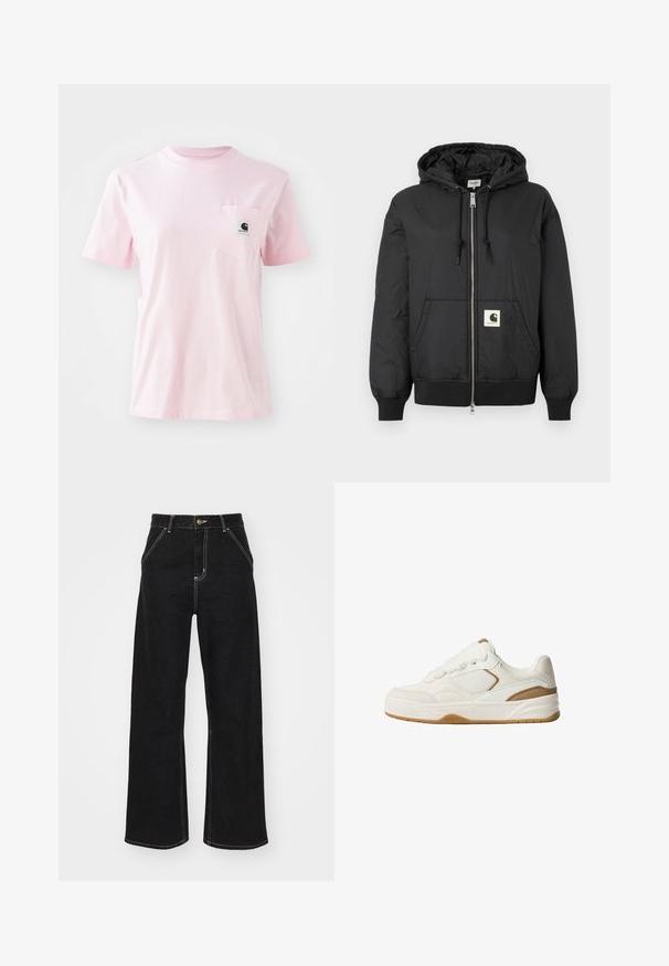 Black hooded jacket with a zip front, ribbed cuffs and hem, and a square logo patch on the lower front. Made from lightweight, smooth fabric.; Pink cotton t-shirt with a round neckline, short sleeves, and a left chest pocket featuring a small logo patch. Smooth texture.; Black wide-leg jeans made of denim, featuring contrasting white stitching and a front button closure, with two angled front pockets.; White sneaker with textured fabric and suede accents. Features round laces, a padded collar, and a gum rubber sole for traction.