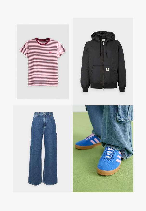 Sort hættejakke med lynlås foran, ribbede manchetter og kant, samt et firkantet logo-patch på den nedre front. Fremstillet af letvægts, glat stof.; Rød- og hvidstribet T-shirt med korte ærmer, en mørkerød rund halsudskæring og et lille rødt Levi's-logo mærkat på venstre side. Fremstillet af bomuldsstof.; Bredde ben blå denimbukser med høj talje, kontrastsyede sømme og sidelommer, med et klassisk fem-lomme design og rå kanter.; Blå ruskindsko med pink striber og hvide snørebånd, med en sål af gummi, parret med løse denimbukser på en grøn overflade.