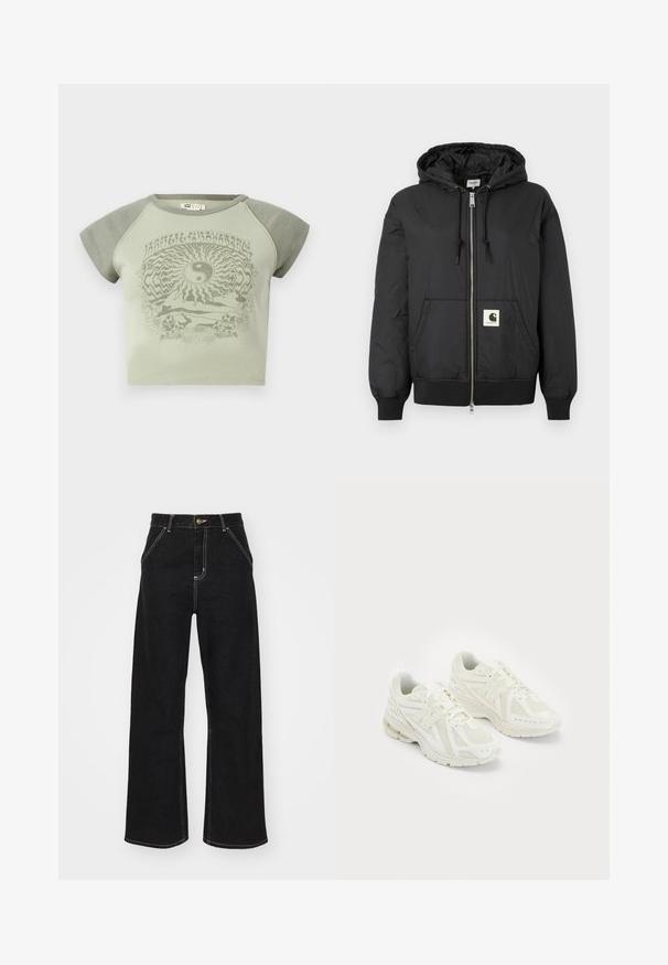 Black hooded jacket with a zip front, ribbed cuffs and hem, and a square logo patch on the lower front. Made from lightweight, smooth fabric.; Green cotton t-shirt with short sleeves, featuring a yin-yang graphic and nature motifs in a contrasting darker green tone.; Black wide-leg jeans made of denim, featuring contrasting white stitching and a front button closure, with two angled front pockets.; White athletic shoes with mesh and synthetic materials, lace-up design, padded collar, and textured sole for grip. Lightweight construction.