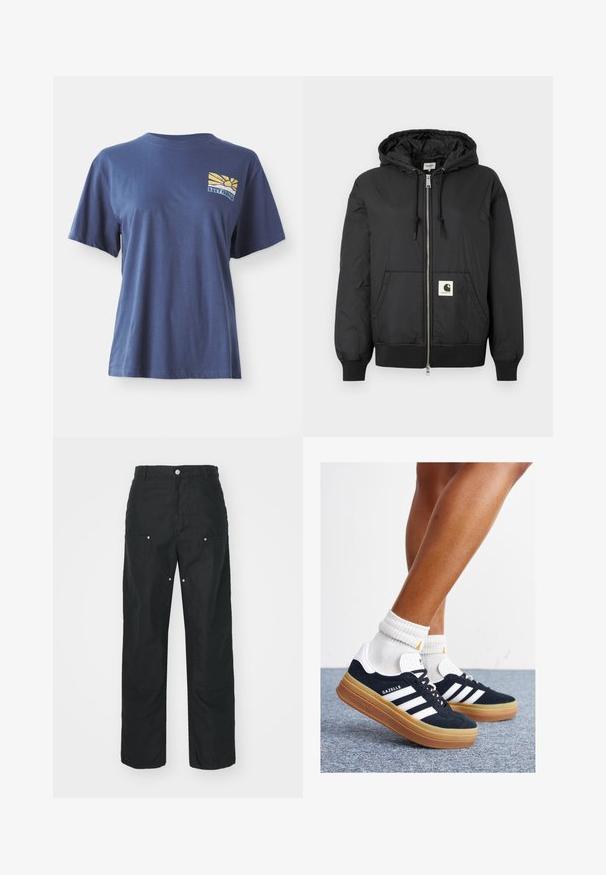 Musta hupullinen takki, jossa on vetskari edessä, ribbireunukset hihansuissa ja helmassa sekä neliölogo-ompelu alaosassa. Valmistettu kevyestä, sileästä kankaasta.; Laivansiniset puuvillapaidat lyhyillä hihoilla, joissa on keltainen ja sininen auringonnousugrafiikka vasemmassa rinnassa, nimeltään "ROXY PARADISE."; Mustat housut suoralla lahjesuunnittelulla, valmistettu tekstuuritetusta kankaasta. Sisältää koristeellista hopeista metalliosaa ja ainutlaatuista sauman yksityiskohtaa.; Musta mokkanahkainen tennari, jossa valkoiset raidat ja yksityiskohdat, pyöreä kärki, purukumipohja, yhdistetty valkoisiin ribbineuleisiin nilkkasukkiin.