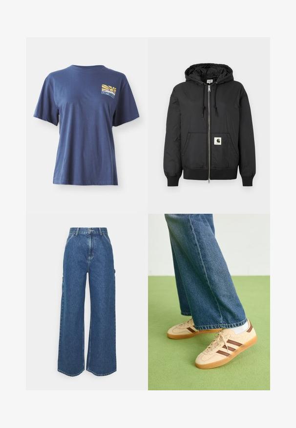 Črna kapučna jakna z zadrgo spredaj, rebrastimi manšetami in robom ter kvadratno logotipno nalepko na spodnjem sprednjem delu. Izdelana iz lahkega, gladkega materiala.; Mornarsko modra bombažna majica s kratkimi rokavi, s grafiko rumeno-modrega sončnega vzhoda na levem prsu, označena z "ROXY PARADISE."; Široke modre denim hlače z visokim pasom, kontrastnim šivom in stranskimi žepi, ki vključujejo klasičen pet-džepni dizajn in robove brez obdelave.; Bež teniske z teksturiranimi kremnimi paneli in rjavimi črtami, v kombinaciji z modrimi kavbojkami. Kavbojke imajo široke hlačnice in raztrgan rob.