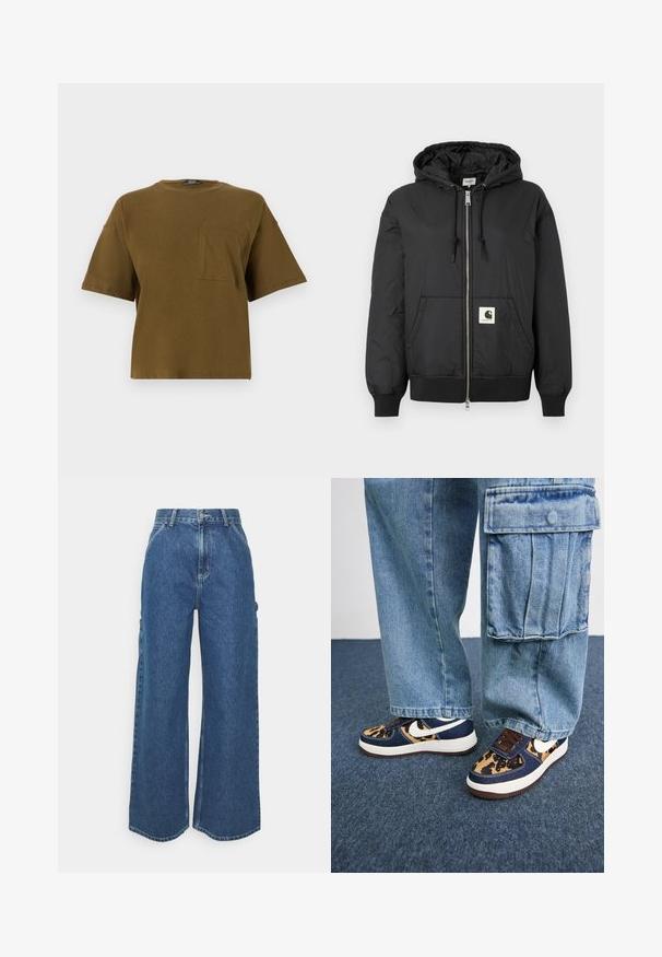 Crna jakna s kapuljačom, sa patentnim zatvaračem sprijeda, rebrastim manžetama i donjim rubom, te kvadratnom oznakom na donjem prednjem dijelu. Izrađena od laganog, glatkog materijala.; Maslinasto zeleni pamučni majica s kratkim rukavima i okruglim izrezom, te džepom na prsima. Jednostavan dizajn i opušteni kroj. Glatka tekstura.; Široke plave traperice s visokim strukom, kontrastnim šavovima i bočnim džepovima, s klasičnim dizajnom s pet džepova i sirovim rubovima.; Tamno plave tenisice s akcentima u uzorku leoparda, bijeli Nike swoosh, smeđi vezice i bijela srednja potplata. Uparene s svijetloplavim trapericama cargo.