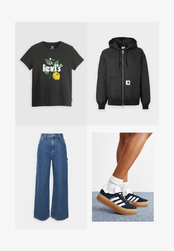 Crna jakna s kapuljačom, sa patentnim zatvaračem sprijeda, rebrastim manžetama i donjim rubom, te kvadratnom oznakom na donjem prednjem dijelu. Izrađena od laganog, glatkog materijala.; Crna pamučna majica s grafikom limuna, bijelim natpisom "levi's" i cvjetnim detaljima u zelenoj i bijeloj boji. Kratki rukavi, okrugli izrez.; Široke plave traperice s visokim strukom, kontrastnim šavovima i bočnim džepovima, s klasičnim dizajnom s pet džepova i sirovim rubovima.; Crne tenisice od brušene kože s bijelim prugama i detaljima, okruglim vrhom, gumeni potplat boje gume, uparene s bijelim rebrastim čarapama.
