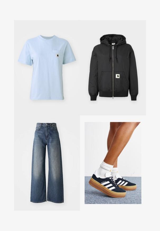 Black hooded jacket with a zip front, ribbed cuffs and hem, and a square logo patch on the lower front. Made from lightweight, smooth fabric.; Light blue short-sleeve t-shirt made of cotton, featuring a small chest pocket with a logo tag. Simple round neckline, smooth texture.; Blue high-waisted wide-leg jeans with front button and pockets, faded texture on thighs and a straight hem.; Black suede sneakers with white stripes and accents, rounded toe, gum rubber outsole, paired with white ribbed crew socks.