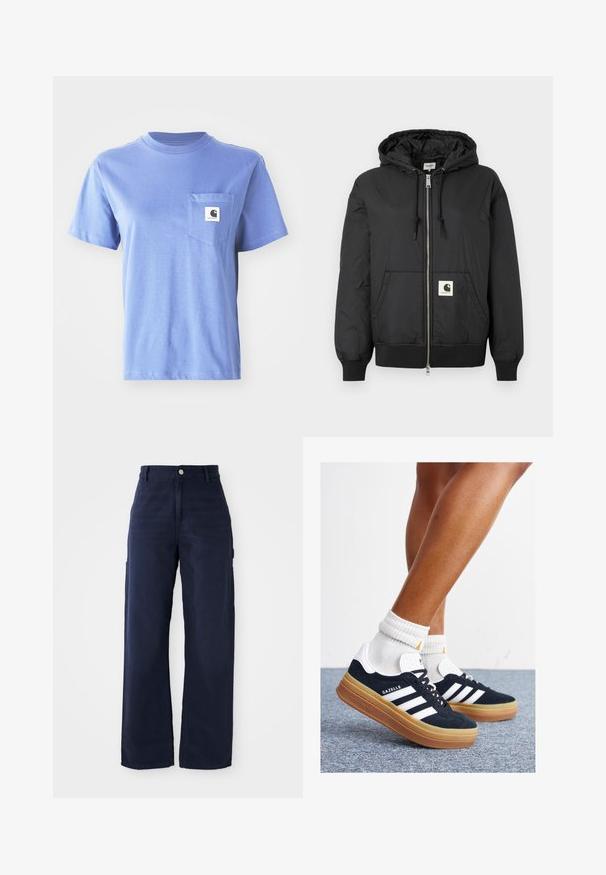 Black hooded jacket with a zip front, ribbed cuffs and hem, and a square logo patch on the lower front. Made from lightweight, smooth fabric.; Light blue cotton t-shirt featuring a crew neckline, short sleeves, a chest pocket, and a small logo patch on the pocket.; Navy blue wide-leg cargo pants with a sturdy cotton fabric, featuring side pockets and a button closure at the waist.; Black suede sneakers with white stripes and accents, rounded toe, gum rubber outsole, paired with white ribbed crew socks.