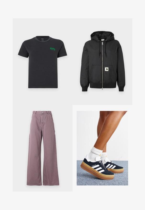 Svart huva jacka med zip-förfront, ribbade ärmar och nederkant, samt en fyrkantig logotyp på den nedre framsidan. Tillverkad av lätt, slät tyg.; Svart bomulls-t-shirt med rund halsringning och korta ärmar. Har en grön broderad "Obey"-logotyp på vänster bröst. Enkel design, inga mönster.; Breda byxor i stoft mauve bomull, med knäppning fram, sidofickor och sydda detaljer längs sömmarna.; Svarta sneakers i mocka med vita ränder och detaljer, rundad tå, yttersula i gummiblandning, kombinerade med vita ribbade crew-strumpor.