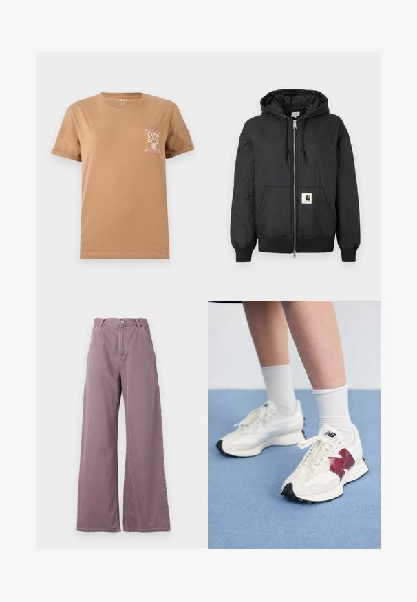 Svart huva jacka med zip-förfront, ribbade ärmar och nederkant, samt en fyrkantig logotyp på den nedre framsidan. Tillverkad av lätt, slät tyg.; Brun bomulls T-shirt med kortärmar. Har en liten, färgglad grafik på vänster bröstområde som visar ett solnedgångstema.; Breda byxor i stoft mauve bomull, med knäppning fram, sidofickor och sydda detaljer längs sömmarna.; Ett par vita sneakers med vinröda detaljer, texturerade paneler, platt svart sula och ljusa snören, bärs med vita ankelsockor.