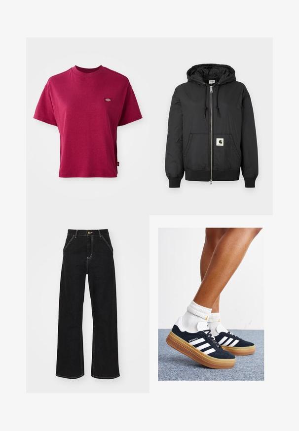 Melns kapuci jaka ar rāvējslēdzēju priekšpuses, ribotām piedurknēm un apakšējo daļu, kā arī kvadrātveida logo uzlīmi apakšējā priekšpusē. Izgatavota no viegla, gluda auduma.; Slaids tumši sarkans īsām piedurknēm T-krekls ar apaļu kakla izgriezumu un nelielu daudzkrāsu zīmola logo uz kreisā krūts.; Melnas platajās biksēs, kas izgatavotas no denima, ar kontrastējošas baltas šuves un priekšējo pogu aizdari, kā arī divām slīpajām priekšējām kabatām.; Melnas zamšādas sporta kurpes ar baltām svītrām un akcentiem, apaļa purngala daļa, gumijas zole, kopā ar baltām ribotām sporta zeķēm.