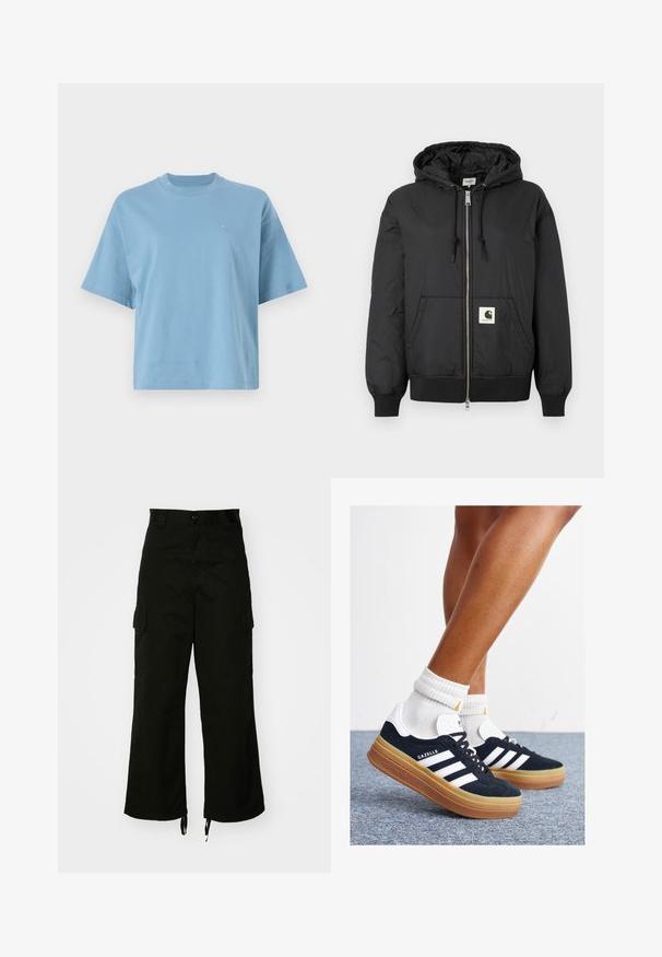 Svart huva jacka med zip-förfront, ribbade ärmar och nederkant, samt en fyrkantig logotyp på den nedre framsidan. Tillverkad av lätt, slät tyg.; Ljusa blå kortärmad t-shirt i bomull, med rund halsringning och en liten logotyp på bröstet. Avslappnad passform med en mjuk textur.; Svart cargobyxa i bomull med vida ben, sidofickor och dragsko vid fållen. Designen inkluderar en knappstängning i midjan.; Svarta sneakers i mocka med vita ränder och detaljer, rundad tå, yttersula i gummiblandning, kombinerade med vita ribbade crew-strumpor.