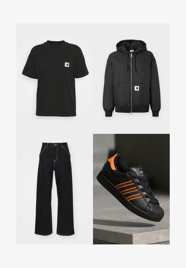 Svart huva jacka med zip-förfront, ribbade ärmar och nederkant, samt en fyrkantig logotyp på den nedre framsidan. Tillverkad av lätt, slät tyg.; Svart bomullströja med korta ärmar, rund halsringning och en framficka med en fyrkantig logotyp i vitt och svart.; Svarta vida jeans i denim, med kontrasterande vit sömnad och framknäppning, samt två snedställda framfickor.; Svart sneakers med orange detaljer, tre horisontella ränder, texturerad läderöverdel, gummitåhuvud och svarta snören.