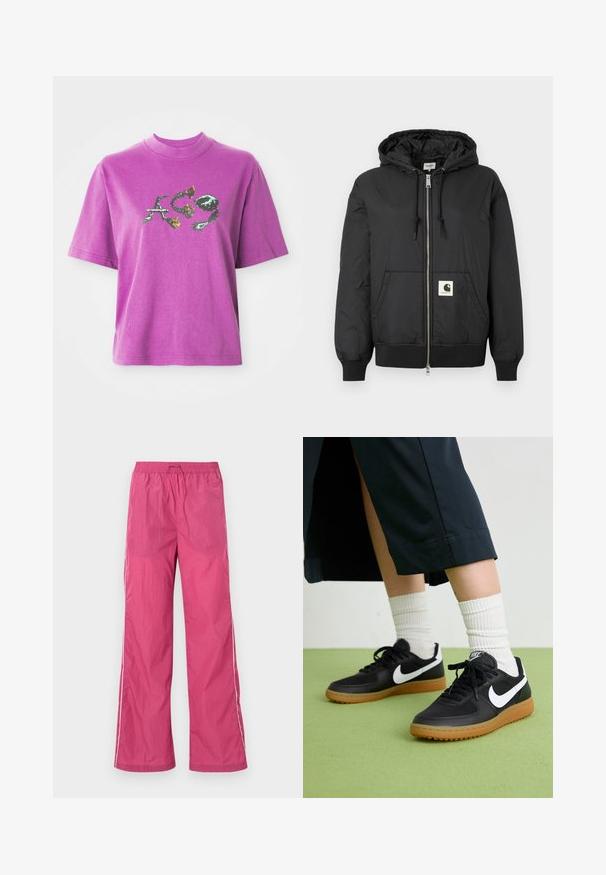 Black hooded jacket with a zip front, ribbed cuffs and hem, and a square logo patch on the lower front. Made from lightweight, smooth fabric.; Purple short-sleeve T-shirt with a high collar and graphic design of stylized letters "A", "C", and "9" with floral and thorny elements.; Pink lightweight trousers with a drawstring waist, wide-leg design, and white side stripes. Smooth texture, suitable for casual wear.; Black leather and synthetic sneakers with white Nike swoosh, rubber gum sole, round toe, and black laces. Ribbed white socks visible.