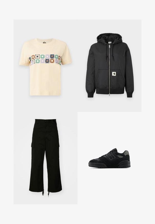 Giacca nera con cappuccio, dotata di zip frontale, polsini e orlo a coste, e una patch logo quadrata nella parte bassa anteriore. Realizzata in tessuto leggero e liscio.; T-shirt in cotone color crema con un motivo a blocchi orizzontali di fiori stilizzati in vari colori. Maniche corte e scollo a girocollo.; Pantaloni cargo neri realizzati in cotone, con gamba larga, tasche laterali e orli con cordino. Il design include una chiusura con bottone in vita.; Sneaker nera bassa con suola testurizzata, design con lacci, pannelli in suede e accenti a motivo sul tallone e sul logo laterale.