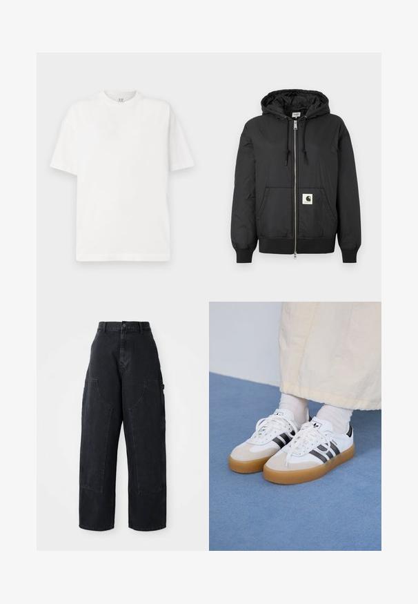 Črna kapučna jakna z zadrgo spredaj, rebrastimi manšetami in robom ter kvadratno logotipno nalepko na spodnjem sprednjem delu. Izdelana iz lahkega, gladkega materiala.; Bela kratka majica s kratkimi rokavi iz bombaža s krožnim izrezom. Ima minimalističen dizajn s ravnim robom in brez vidnih vzorcev.; Črne široke kavbojke iz denima s visokim pasom, dvema velikima sprednjima žepoma in gumbom za zapiranje na pasu. Gladka tekstura, sproščen dizajn.; Bele tene škornje s črnimi črtami in bež usnjenimi detajli. Imajo teksturirano gumijasto podplat in ravne bele vezalke, nosijo se z svetlimi nogavicami.