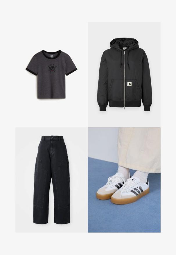 Black hooded jacket with a zip front, ribbed cuffs and hem, and a square logo patch on the lower front. Made from lightweight, smooth fabric.; Gray cotton t-shirt with black ribbed neckline and sleeve cuffs; features a graphic print of a skull with stars and a red accent.; Black denim wide-leg cargo pants with a high waist, two large front pockets, and a button closure at the waist. Smooth texture, casual design.; White sneakers with black stripes and beige suede accents. Feature a textured gum sole and flat white laces, worn with light-colored socks.