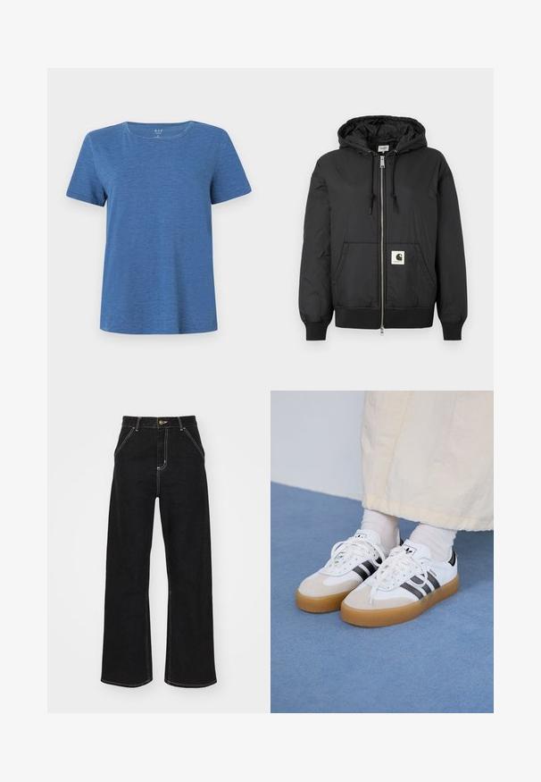 Svart hettejakke med glidelås foran, ribbede mansjetter og hem, samt en firkantet logo-patch nederst foran. Laget av lett og glatt stoff.; Blå kortermet t-skjorte laget av mykt stoff med rund hals og avslappet passform. Har subtil tekstur i hele materialet.; Svarte vide jeans laget av denim, med kontrasterende hvite sømmer og en frontknapplukking, samt to skrå frontlommer.; Hvite sneakers med svarte striper og beige semsket skinn-detaljer. Har en teksturert gummisåle og flate hvite snører, brukt med lyse sokker.