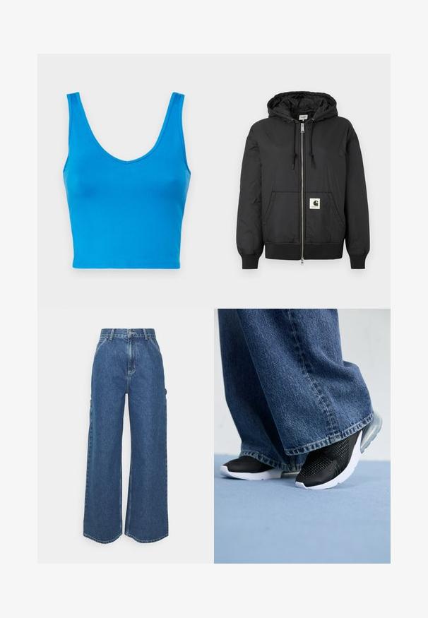 Juoda gobtuvo striukė su užtrauktuku priekyje, raukšlėtais rankogaliais ir apatine dalimi, bei kvadratiniu logotipo ženklu apatiniame priekyje. Pagaminta iš lengvos, lygaus audinio.; Mėlyna trumpa palaidinė iš lygaus, tampraus audinio su giliu V formos iškirpimu ir plačiomis petnešėlėmis, turinti prigludusią siluetą ir tvarkingus kraštus.; Plačios mėlynos džinsinės kelnes su aukštu juosmeniu, kontrastingais siūlais ir šoninėmis kišenėmis, turinčios klasikinį penkių kišenių dizainą ir brutalius kraštus.; Juodos sportinės bateliai su tinkliniais detalėmis, balta padu ir matomais oro amortizatoriais, derinami su mėlynomis džinsinėmis plačiomis kelnėmis.