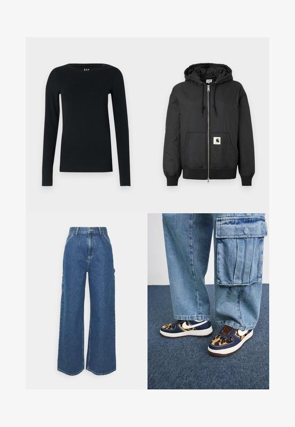 Giacca nera con cappuccio, dotata di zip frontale, polsini e orlo a coste, e una patch logo quadrata nella parte bassa anteriore. Realizzata in tessuto leggero e liscio.; Top nero a maniche lunghe realizzato in tessuto morbido, con scollatura rotonda e design aderente, senza motivi o dettagli in metallo visibili.; Pantaloni in denim blu a gamba larga con vita alta, cuciture a contrasto e tasche laterali, caratterizzati da un classico design a cinque tasche e orli grezzi.; Sneaker blu navy con accenti in stampa leopardata, logo Nike bianco, lacci marroni e suola intermedia bianca. Abbinati a pantaloni cargo in denim chiaro.
