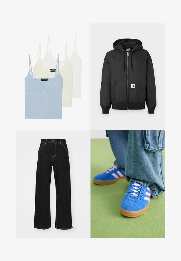 Zwarte hoodiejack met een ritssluiting aan de voorkant, ribbels aan de manchetten en onderrand, en een vierkant logo-patch op de onderzijde van de voorkant. Gemaakt van lichte, gladde stof.; Drie camisoles: lichtblauw, crèmewit en wit. Gemaakt van zachte stof met kantafwerking langs de halslijn en dunne verstelbare schouderbandjes.; Zwarte wijde jeans van denim, met contrasterende witte stiksels en een sluiting met knoop aan de voorkant, voorzien van twee schuin geplaatste zakken aan de voorkant.; Blauwe suède schoenen met roze strepen en witte veters, voorzien van een gumrubberen zool, gecombineerd met losse denim broek op een groene ondergrond.