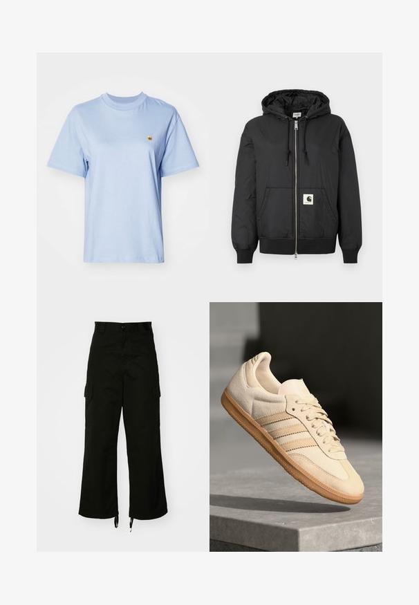 Schwarze Kapuzenjacke mit Reißverschluss, gerippten Bündchen und Saum sowie einem quadratischen Logo-Patch auf der unteren Vorderseite. Hergestellt aus leichtem, glattem Material.; Hellblaues Baumwoll-T-Shirt mit kurzen Ärmeln, rundem Halsausschnitt und kleinem gelben gestickten Logo auf der Brust. Weicher Stoff, lockere Passform.; Schwarze Cargo-Hosen aus Baumwolle mit weitem Bein, seitlichen Taschen und Kordelzügen am Saum. Das Design umfasst einen Knopfverschluss an der Taille.; Helle beigetöne Wildledersneaker mit Gumminsohle, drei schrägen Streifen und einer strukturierten Zehenkappe. Mit Logo auf der Zunge und der Seite.