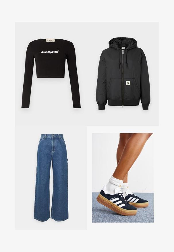 Crna jakna s kapuljačom, sa patentnim zatvaračem sprijeda, rebrastim manžetama i donjim rubom, te kvadratnom oznakom na donjem prednjem dijelu. Izrađena od laganog, glatkog materijala.; Crna skraćena majica dugih rukava od pamuka. Ima okrugli izrez i bijeli „lowlights“ logo na prsima.; Široke plave traperice s visokim strukom, kontrastnim šavovima i bočnim džepovima, s klasičnim dizajnom s pet džepova i sirovim rubovima.; Crne tenisice od brušene kože s bijelim prugama i detaljima, okruglim vrhom, gumeni potplat boje gume, uparene s bijelim rebrastim čarapama.
