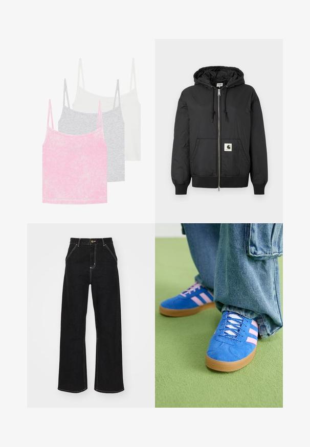 Fekete, kapucnis dzseki, elöl cipzárral, bordázott mandzsettákkal és hempergő aljjal, az alsó elején egy négyzet alakú logóval. Könnyű, sima anyagból készült.; Három darabból álló atlétatrikó szett rózsaszín, szürke és fehér színben. Ráncolt anyagból készült, vékony pántokkal. Minden top kerek nyakkivágással rendelkezik.; Fekete, széles szárú farmernadrág, kontrasztos fehér varrással és elülső gombos záródással, két ferde elülső zsebbel.; Kék velúr cipők rózsaszín csíkokkal és fehér fűzővel, gumiból készült talppal, laza farmernadrággal egy zöld felületen.