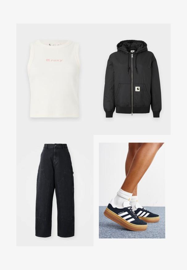 Black hooded jacket with a zip front, ribbed cuffs and hem, and a square logo patch on the lower front. Made from lightweight, smooth fabric.; White ribbed tank top with a crew neckline and a small pink "Roxy" logo on the chest. Smooth texture, fitted design, no sleeves.; Black denim wide-leg cargo pants with a high waist, two large front pockets, and a button closure at the waist. Smooth texture, casual design.; Black suede sneakers with white stripes and accents, rounded toe, gum rubber outsole, paired with white ribbed crew socks.