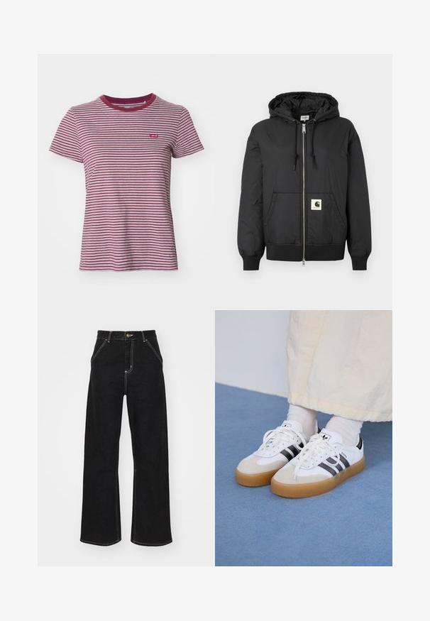 Black hooded jacket with a zip front, ribbed cuffs and hem, and a square logo patch on the lower front. Made from lightweight, smooth fabric.; Levi's® THE PERFECT TEE - Basic T-shirt - collegiate burgundy; Black wide-leg jeans made of denim, featuring contrasting white stitching and a front button closure, with two angled front pockets.; White sneakers with black stripes and beige suede accents. Feature a textured gum sole and flat white laces, worn with light-colored socks.