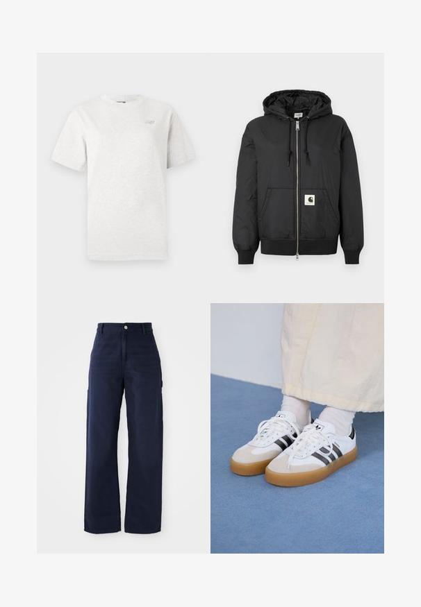 Juoda gobtuvo striukė su užtrauktuku priekyje, raukšlėtais rankogaliais ir apatine dalimi, bei kvadratiniu logotipo ženklu apatiniame priekyje. Pagaminta iš lengvos, lygaus audinio.; Pilkas trumpomis rankovėmis marškinėliai, pagaminti iš minkštos medvilnės, su apvaliu iškirpimu ir mažu logotipu kairėje krūtinės pusėje.; Tamsiai mėlynos plačios kojų cargo kelnės, pagamintos iš tvirto medvilninio audinio, su šoninėmis kišenėmis ir sagčių uždarymu juosmenyje.; Baltos sportbačiai su noir juostomis ir šviesiai rudos zomšos akcentais. Yra tekstūruota gumos padas ir plokščiomis baltomis raištelėmis, dėvimi su šviesiai spalvotomis kojinėmis.