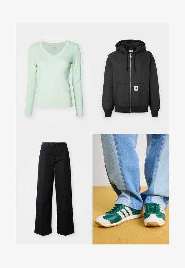 Jachetă neagră cu glugă, cu fermoar frontal, manșete și tiv ribbate și un patch pătrat cu logo în partea inferioară din față. Fabricată dintr-un material ușor și neted.; Top verde deschis cu mânecă lungă și decolteu în V, fabricat dintr-un material moale, având o croială ajustată și un logo mic pe pieptul stâng.; Pantaloni negri cu croi larg, confecționați dintr-un material moale de bumbac. Prezintă o talie clasică, buzunare laterale și o croială dreaptă până la tiv.; adidas Originals COUNTRY OG - Sneakers low - collegiate green/off white/silver metallic